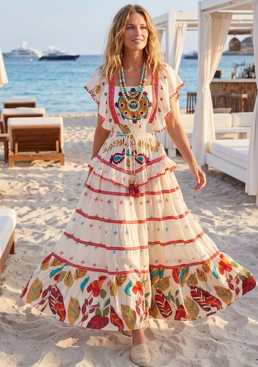 Maxivestido de algodón con cuello en V para mujer - Funami