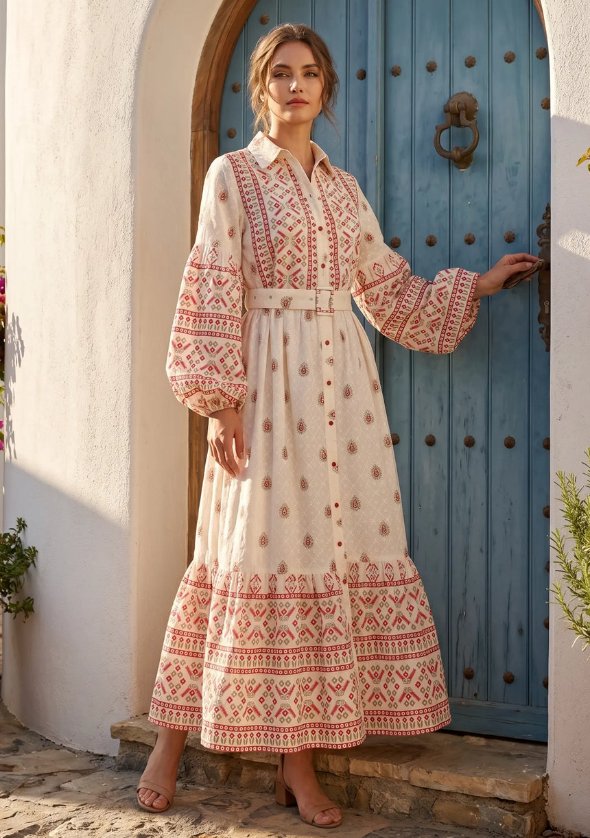 ibBan Printed Cotton Long Dress with Hand Embroidery -Eliza Long Dress