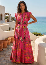 ibBan Hand-Embroidered Cotton Long Dress with Elephant Print - Yamna
