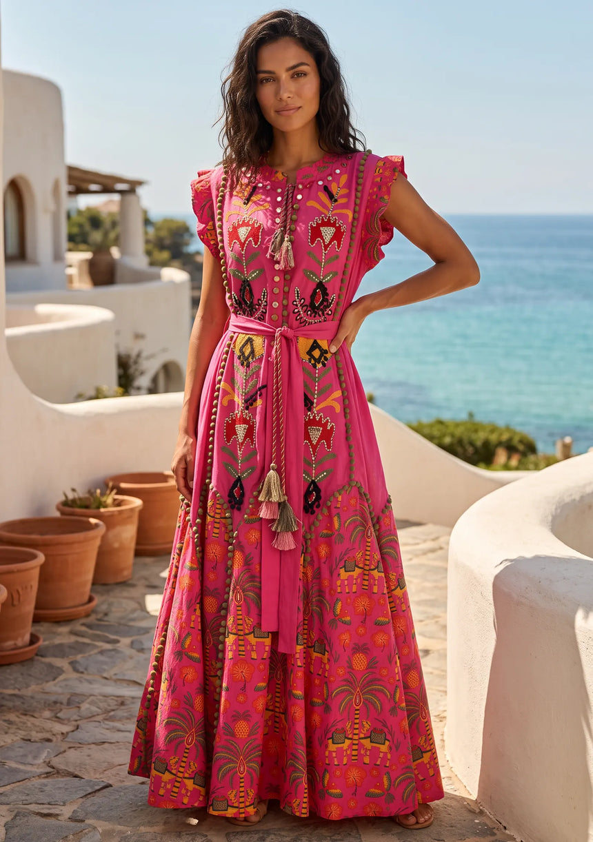 ibBan Hand-Embroidered Cotton Long Dress with Elephant Print - Yamna