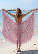 ibBan Pink Printed Cotton Pareo | Lightweight Beach Wrap- Pink - Izra
