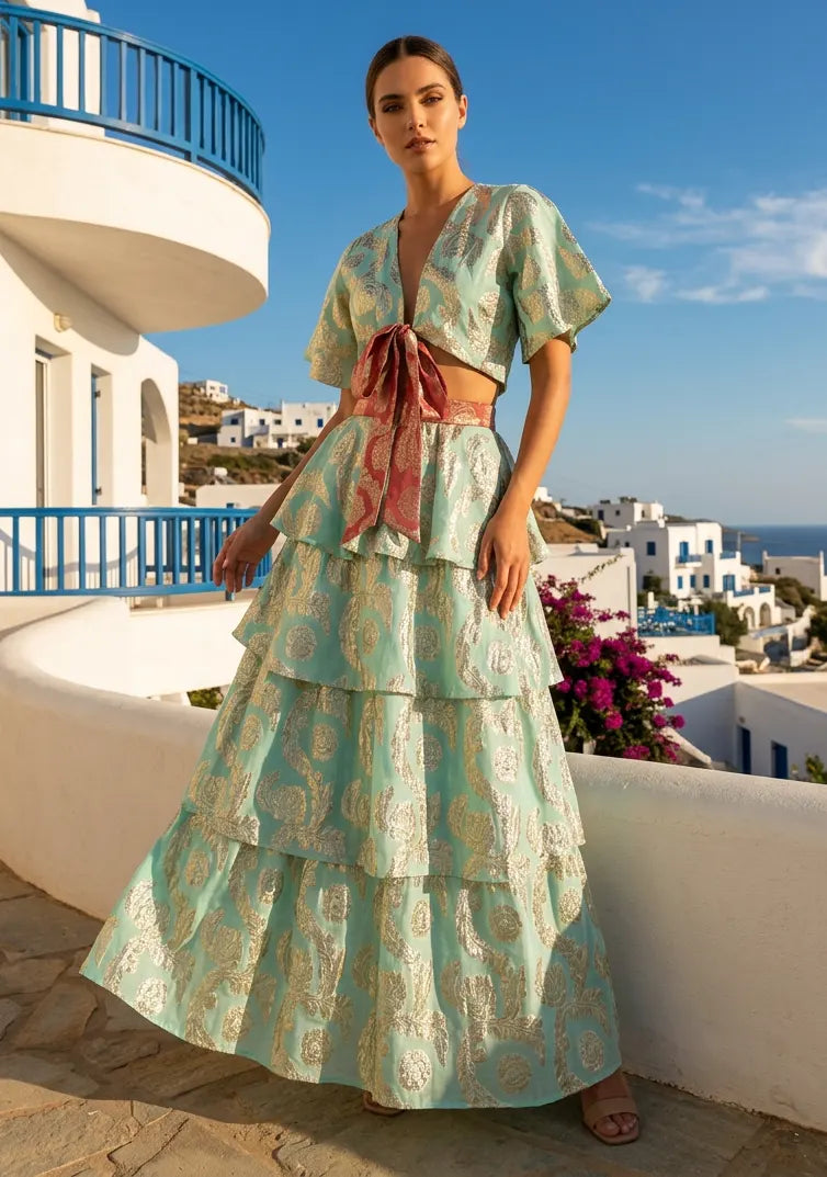 ibBan Lurex Skirt & Blouse Set with Hand Embroidery | Luxury Resort - Lurex Skirt Blouse