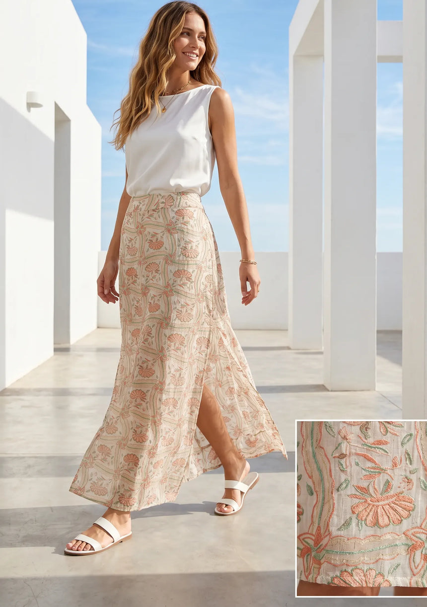 ibBan Hand Embroidered Printed Cotton  Skirt | Women's Resort Wear Skirt - Helen