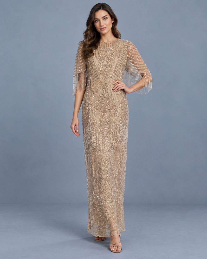 ibBan Women’s Long Dress with Hand Beadwork & Fringe Sleeves -  Esmi