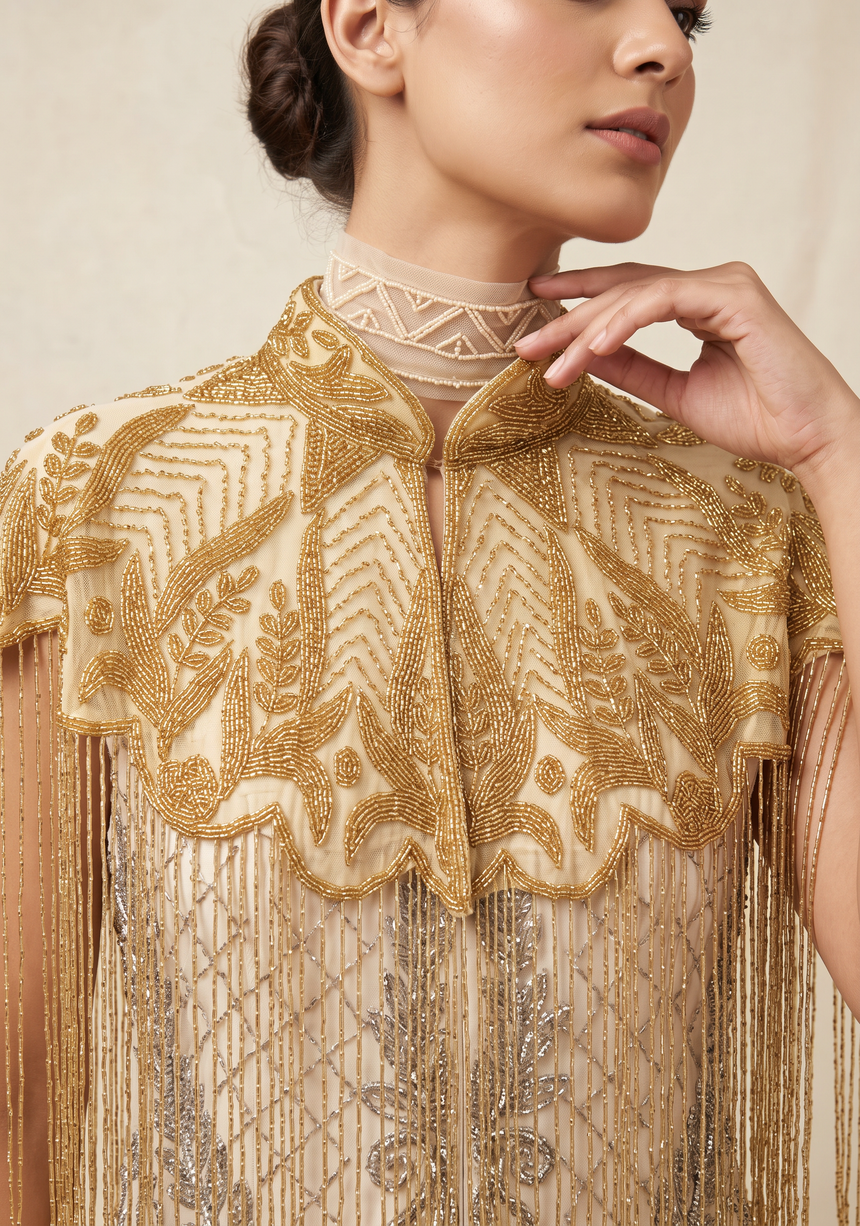 ibBan Beaded Net Neck Cape with Fringe - Sela