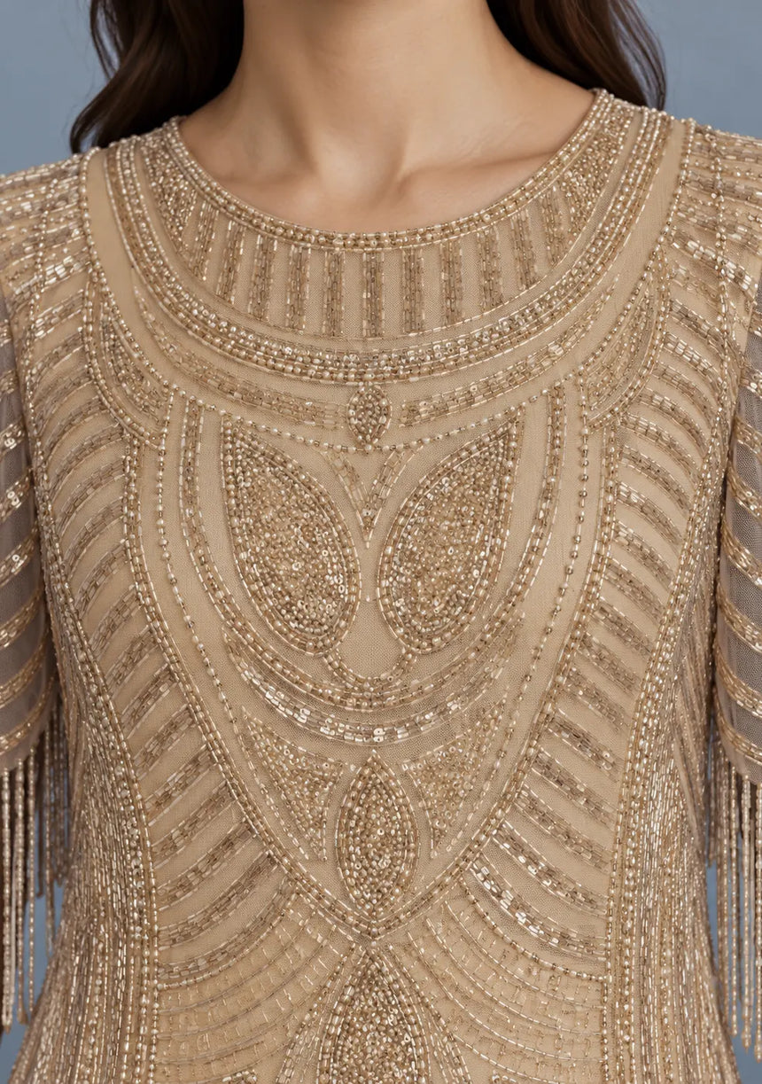 ibBan Women’s Long Dress with Hand Beadwork & Fringe Sleeves -  Esmi