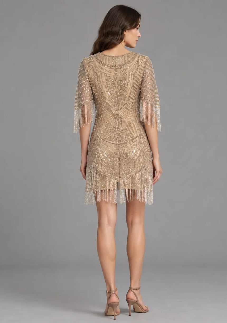 ibBan Party Short Dress with Beadwork & Fringe Sleeves - Esmi