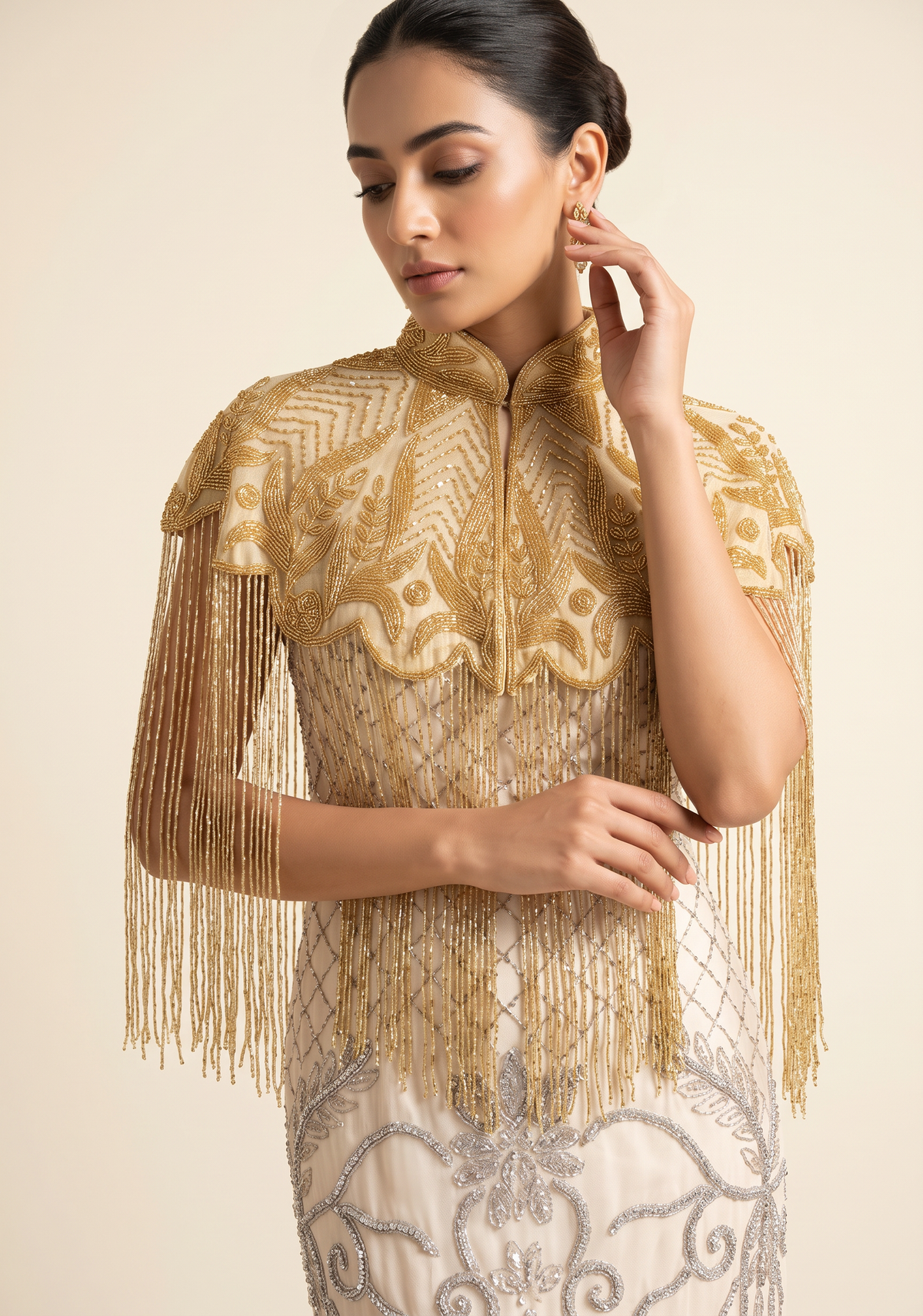 ibBan Beaded Net Neck Cape with Fringe - Sela