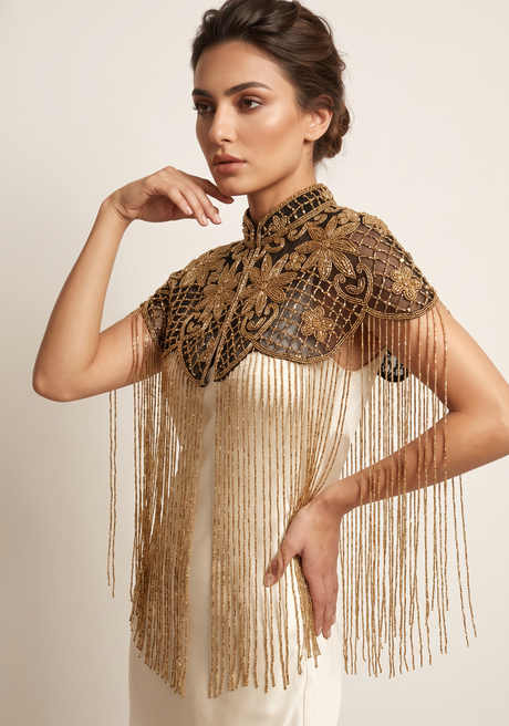 Beaded Net Neck Cape with Fringe - Misk