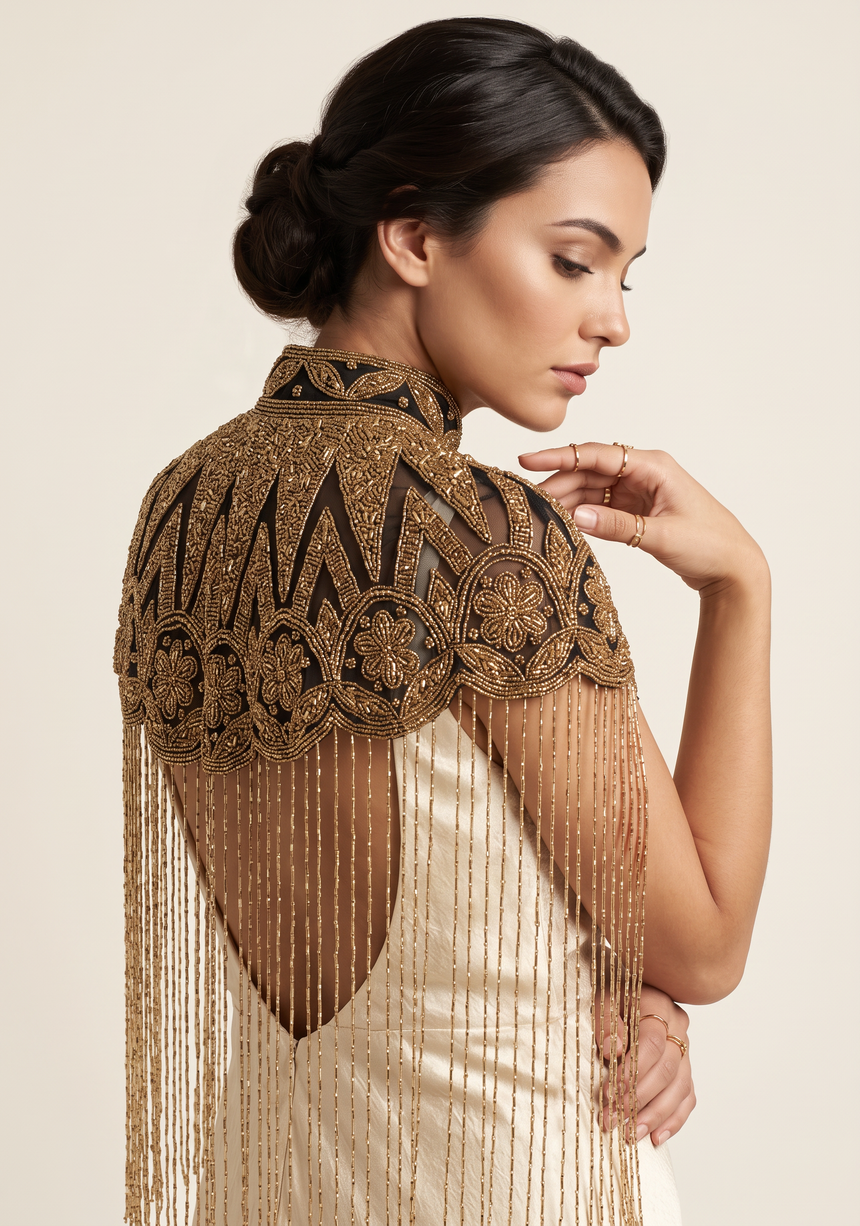 ibBan Silver & Gold Beaded Net Neck Party Cape - Lulwa