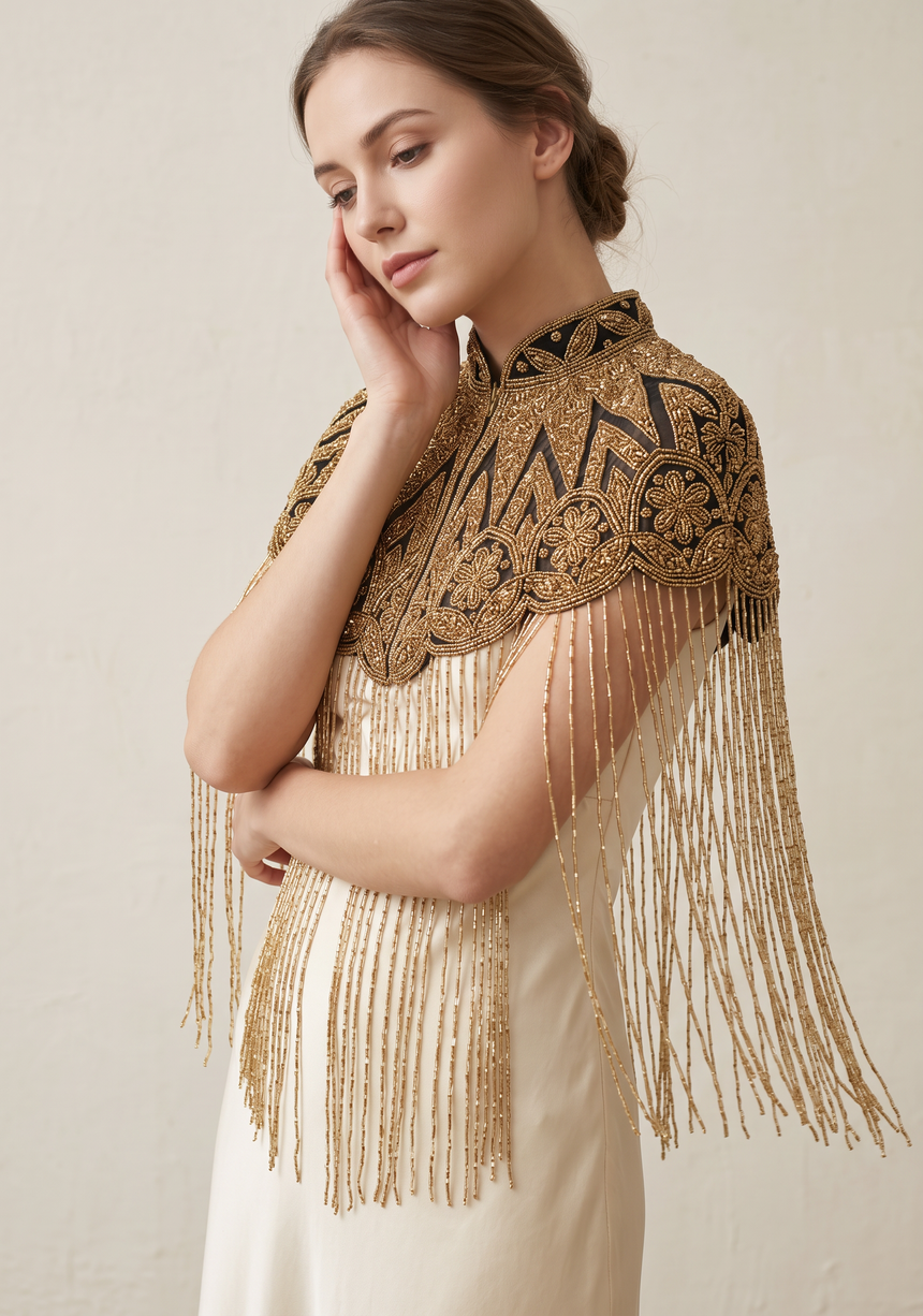 ibBan Silver & Gold Beaded Net Neck Party Cape - Lulwa