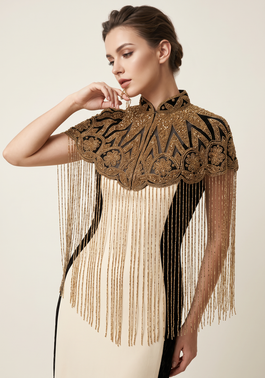 ibBan Silver & Gold Beaded Net Neck Party Cape - Lulwa