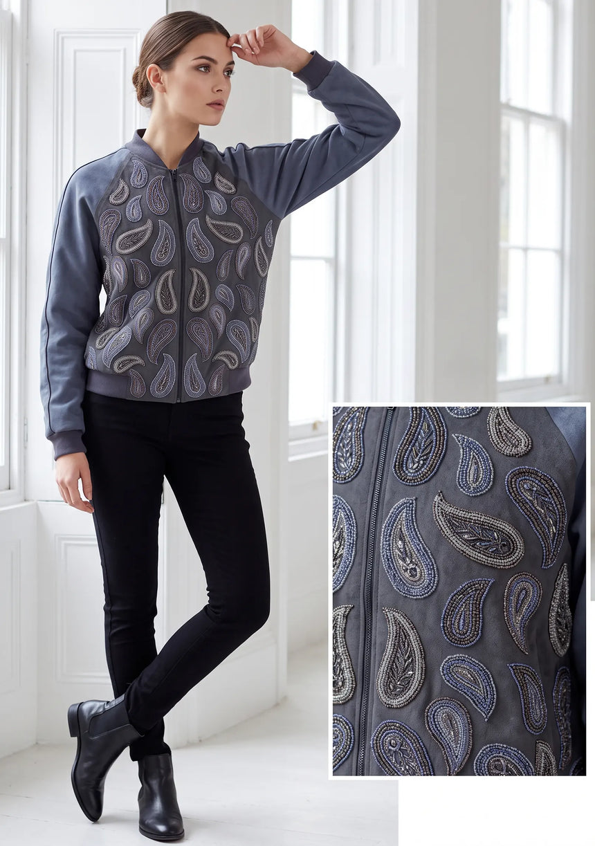 ibBan Women's Winter Leather Sleeve Jacket | Hand Embroidered Designer Bomber -Paisley jacket