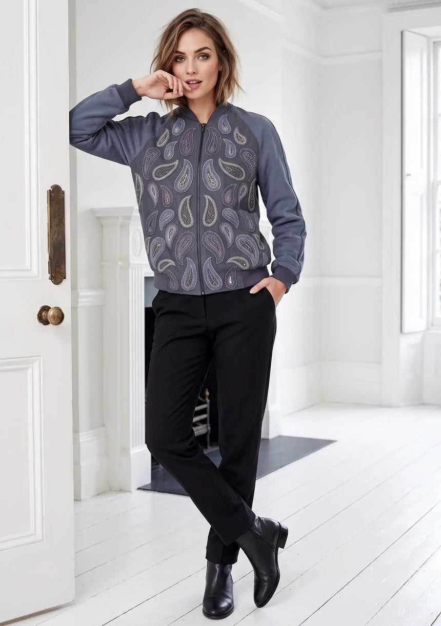 ibBan Women's Winter Leather Sleeve Jacket | Hand Embroidered Designer Bomber -Paisley jacket