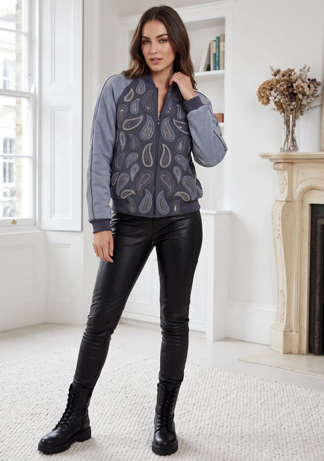 Veste en cuir d'hiver à manches pour femme ibBan | Blouson aviateur brodé main - Veste Paisley
