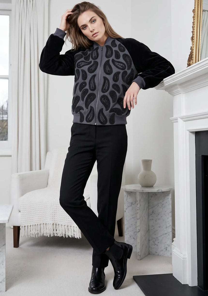 ibBan Women's Winter Leather Sleeve Jacket | Hand Embroidered Designer Bomber -Paisley jacket