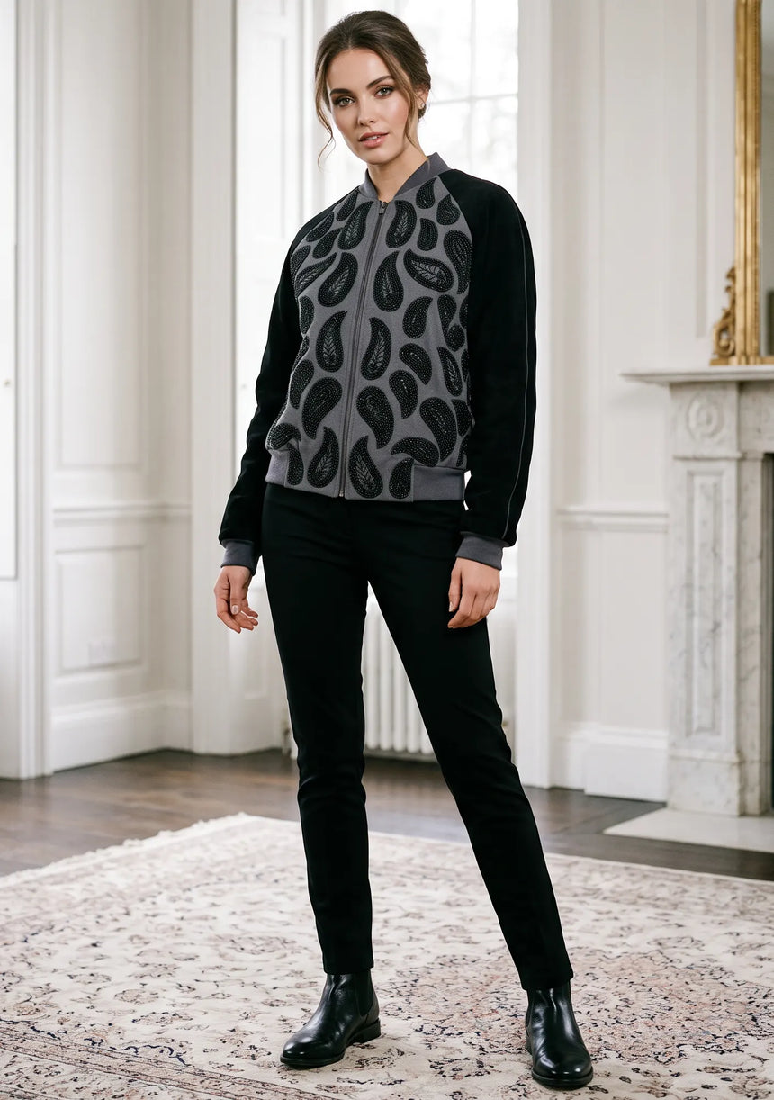 ibBan Women's Winter Leather Sleeve Jacket | Hand Embroidered Designer Bomber -Paisley jacket