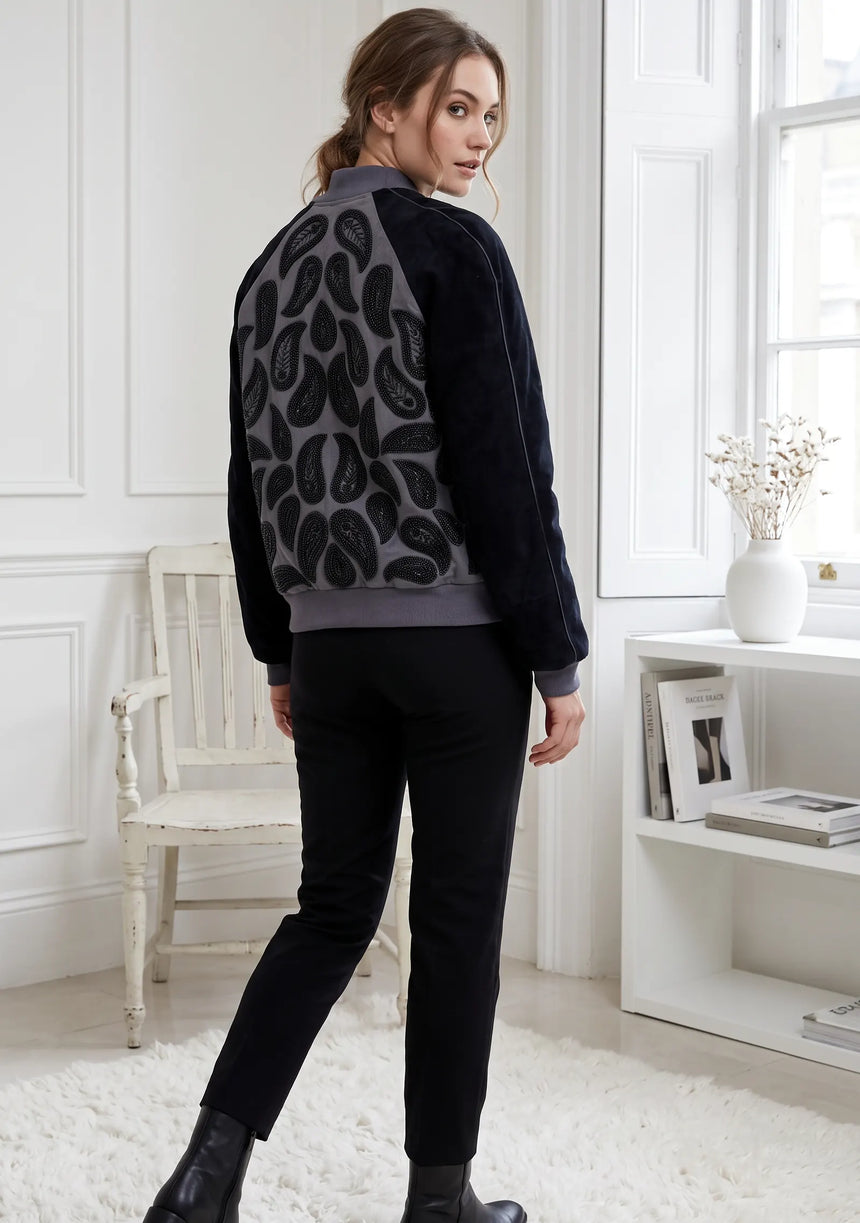 ibBan Women's Winter Leather Sleeve Jacket | Hand Embroidered Designer Bomber -Paisley jacket