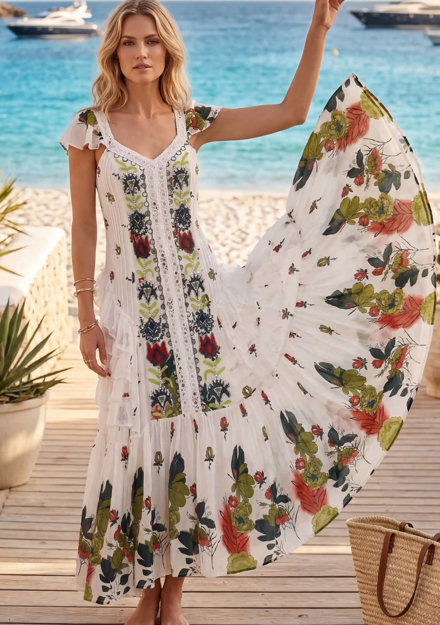 Vestido Maxi de Algodón con Cuello Drapeado para Mujer - Naira