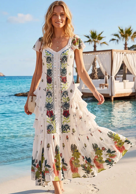 Vestido Maxi de Algodón con Cuello Drapeado para Mujer - Naira