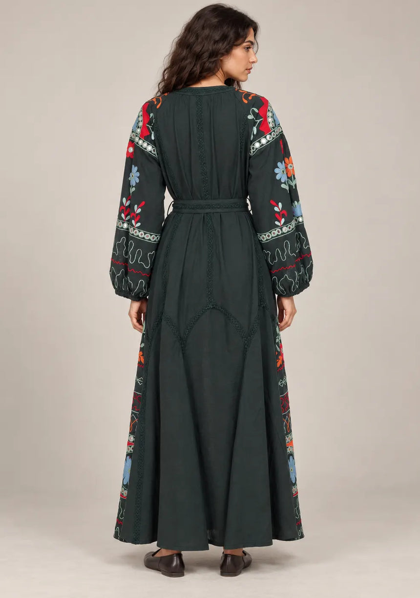 ibBanEmbroidered Cotton Maxi Dress with Tassel Tie - Hami