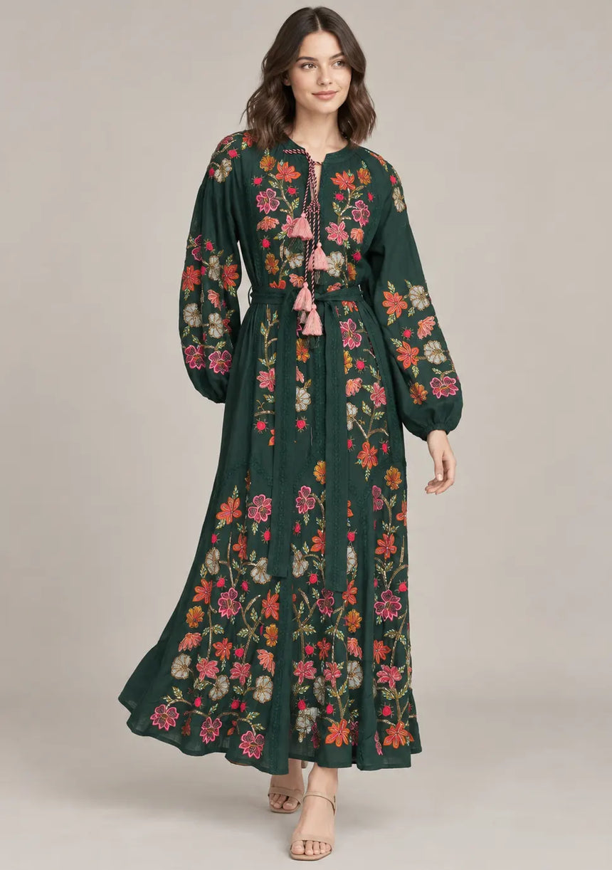 ibBan Floral Embroidered Maxi Dress with Tassel - Ravila