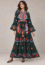 ibBan Embroidered Cotton Long Tunic Dress with Tassel Tie - Sara