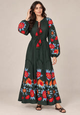 ibBan Floral Embroidered Cotton Maxi Dress with Tassel Tie - Gypsy