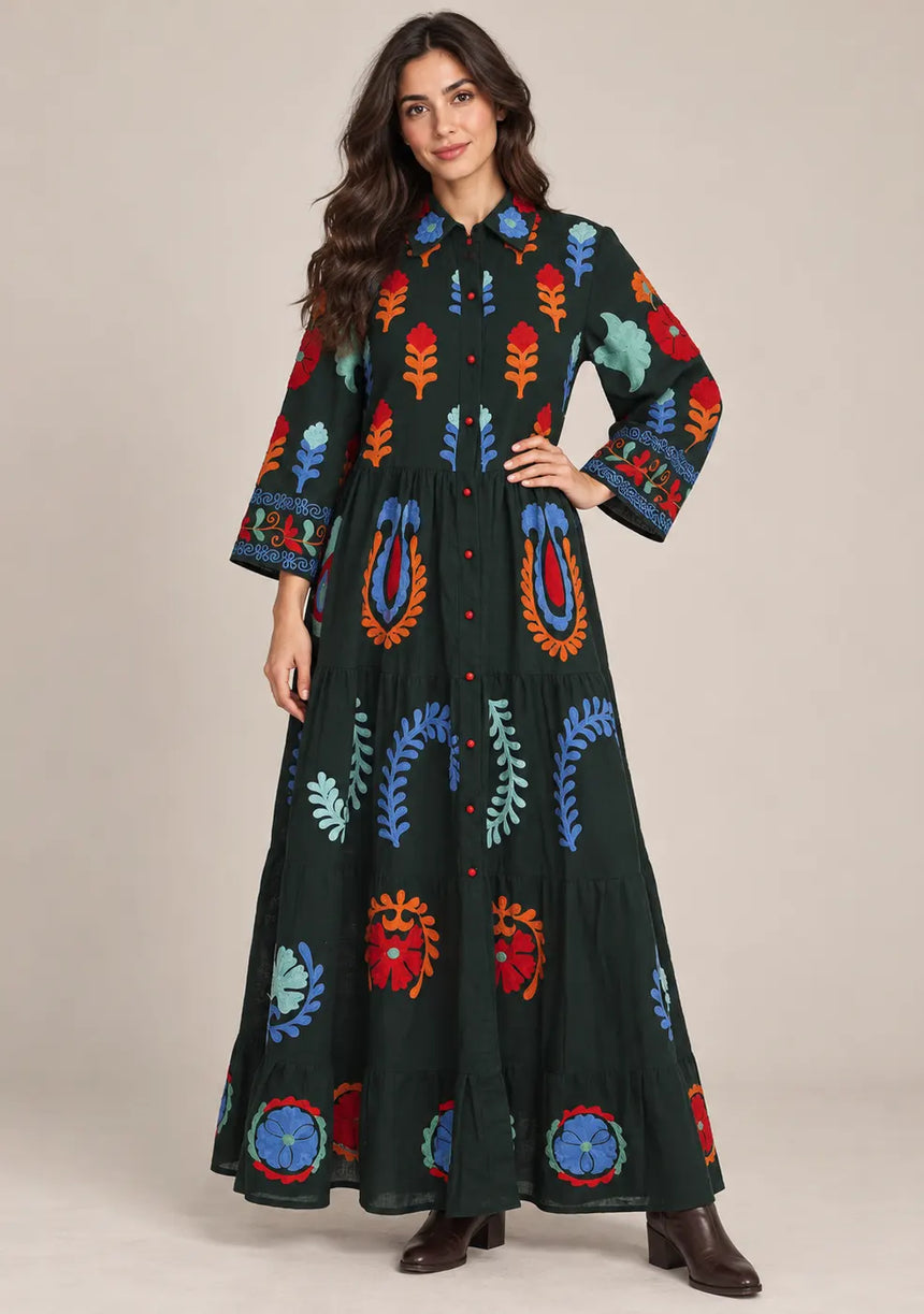 ibBan Embroidered Cotton Tiered Shirt Collor Tunic  - Ambir
