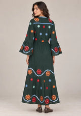 ibBan Embroidered Cotton Long Tunic Dress with Tassel Tie - Sara
