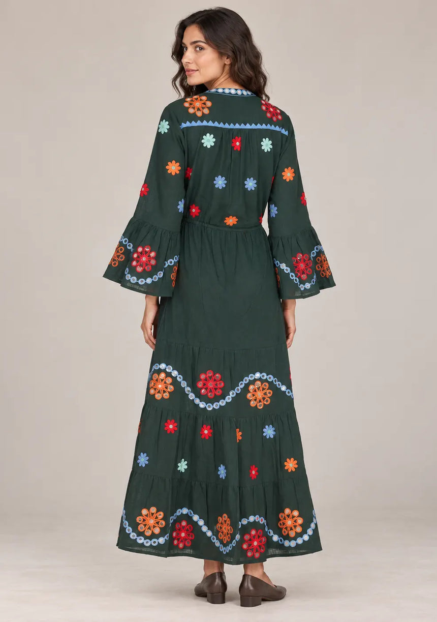 ibBan Embroidered Cotton Long Tunic Dress with Tassel Tie - Sara