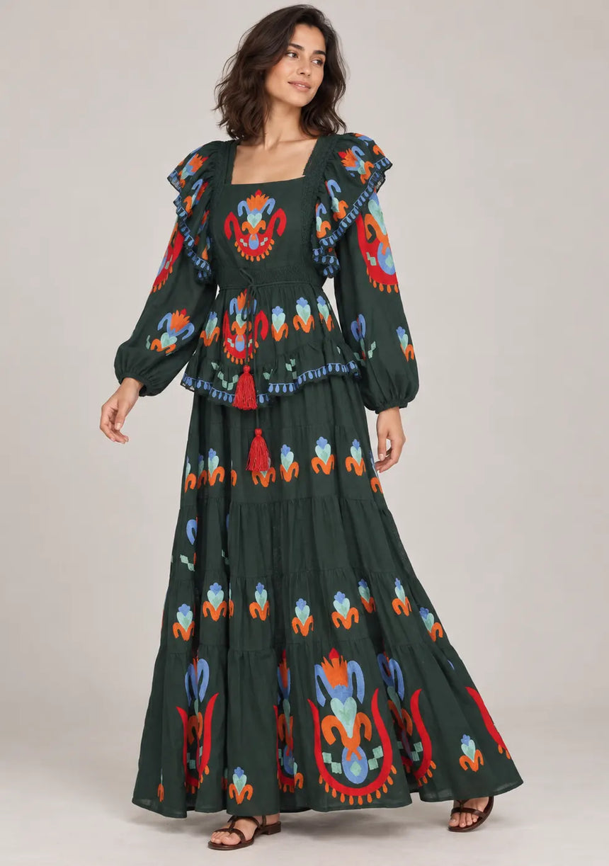 ibBan Printed Cotton Long Dress with Ruffle - Sona