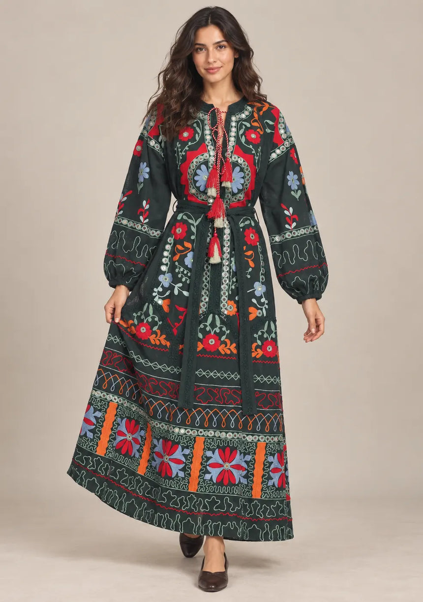 ibBanEmbroidered Cotton Maxi Dress with Tassel Tie - Hami
