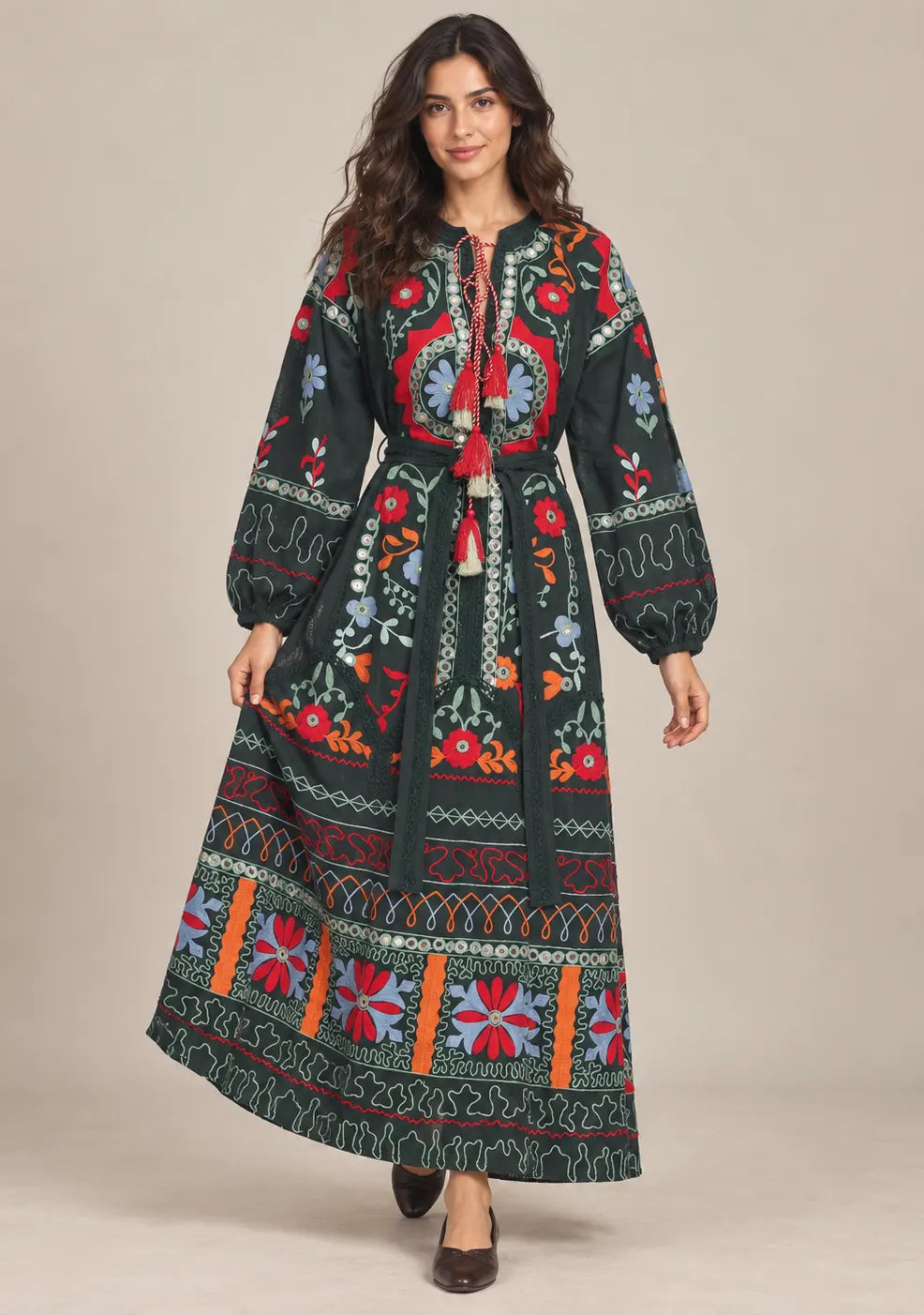 ibBanEmbroidered Cotton Maxi Dress with Tassel Tie - Hami