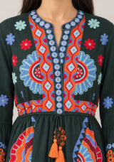 ibBan Embroidered Cotton Long Tunic Dress with Tassel Tie - Sara