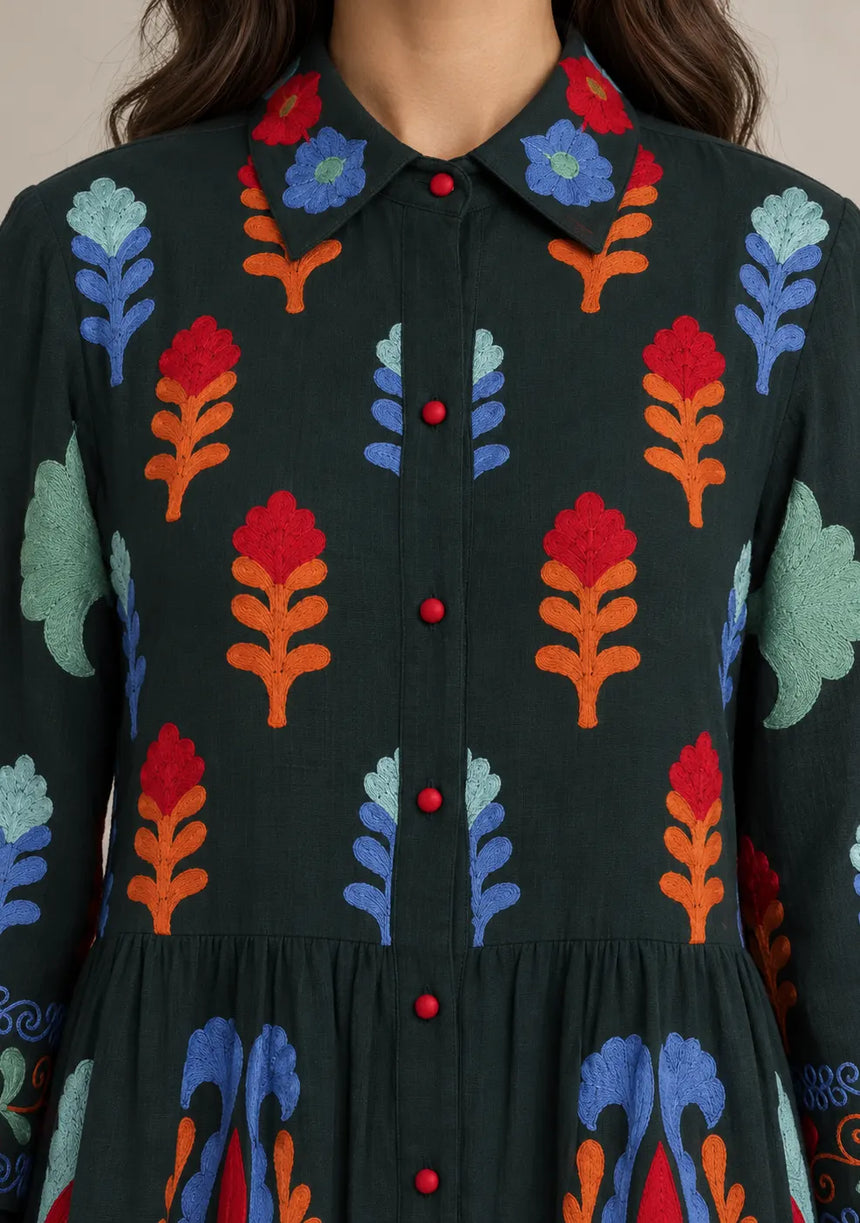 ibBan Embroidered Cotton Tiered Shirt Collor Tunic  - Ambir
