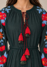 ibBan Floral Embroidered Cotton Maxi Dress with Tassel Tie - Gypsy