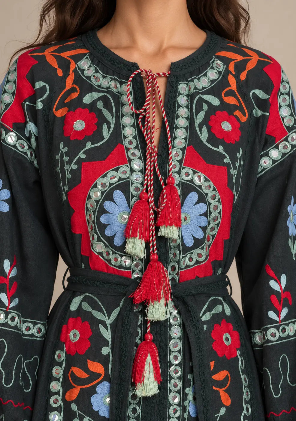 ibBanEmbroidered Cotton Maxi Dress with Tassel Tie - Hami