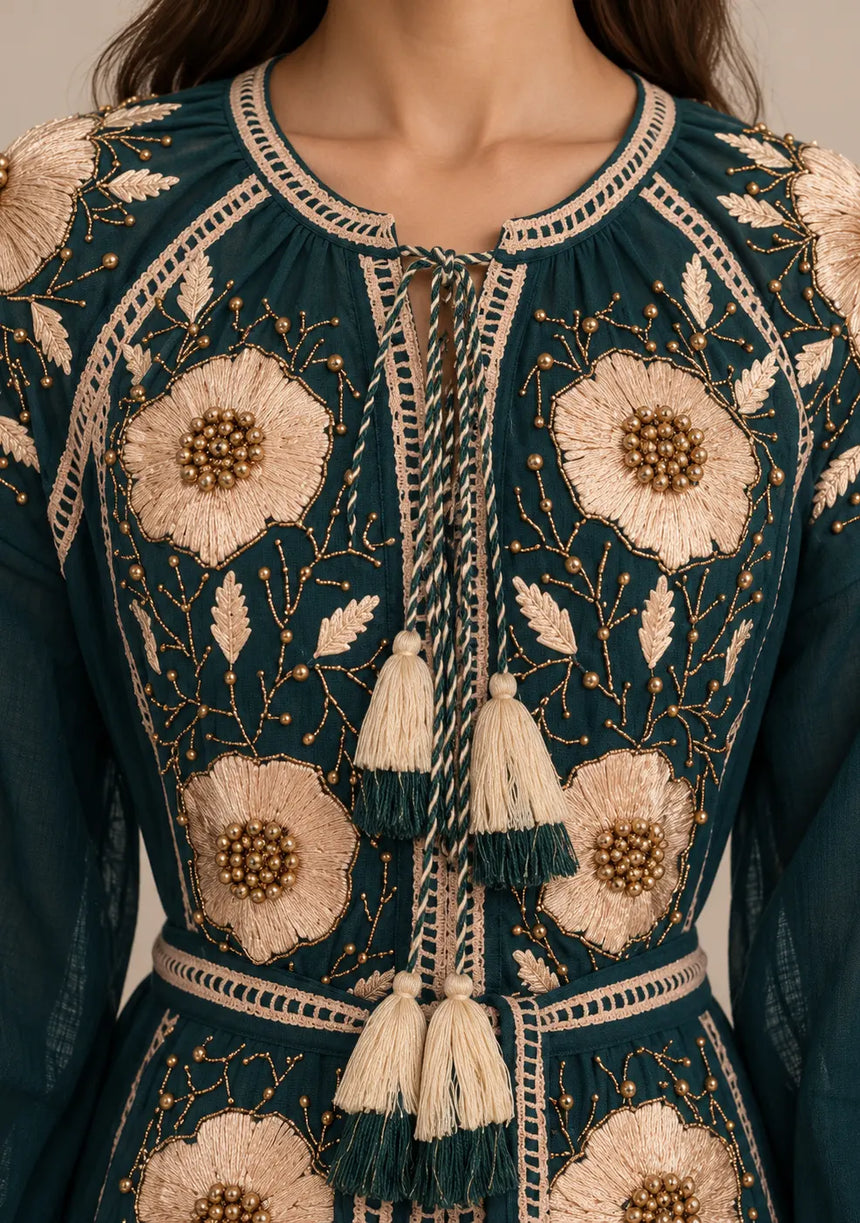 ibBan Floral Embroidered Cotton Long Dress - Johri