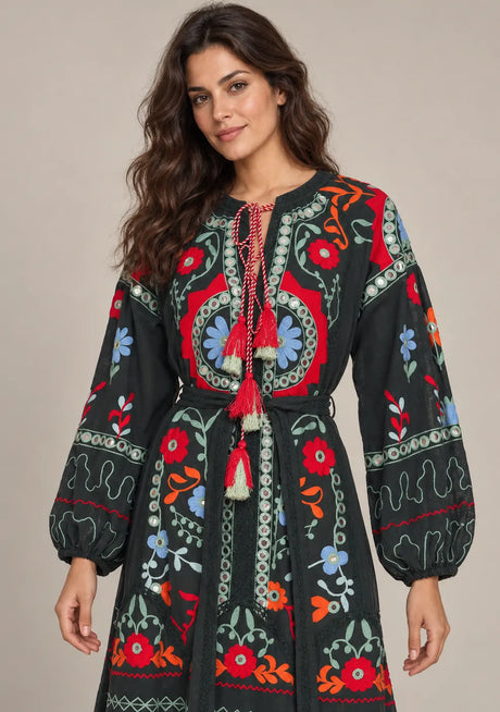 ibBanEmbroidered Cotton Maxi Dress with Tassel Tie - Hami