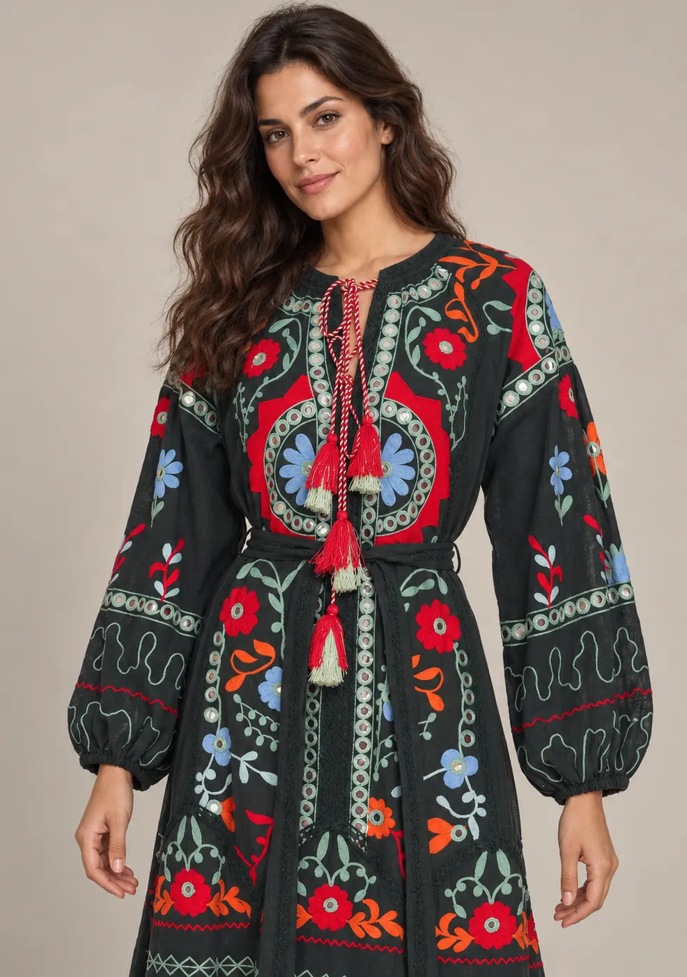 ibBanEmbroidered Cotton Maxi Dress with Tassel Tie - Hami