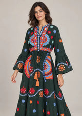 ibBan Embroidered Cotton Long Tunic Dress with Tassel Tie - Sara