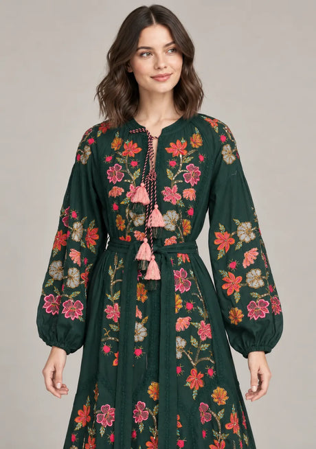 ibBan Floral Embroidered Maxi Dress with Tassel - Ravila