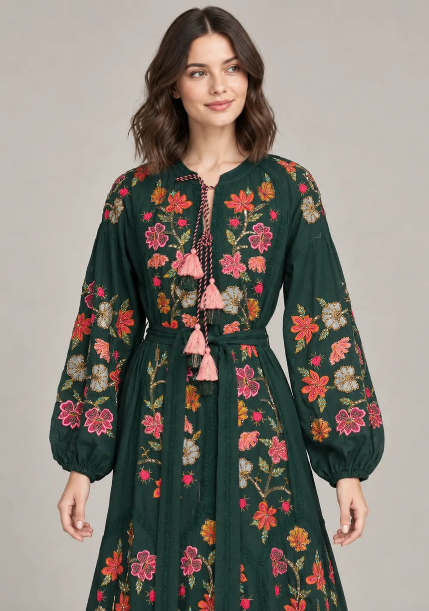 ibBan Floral Embroidered Maxi Dress with Tassel - Ravila