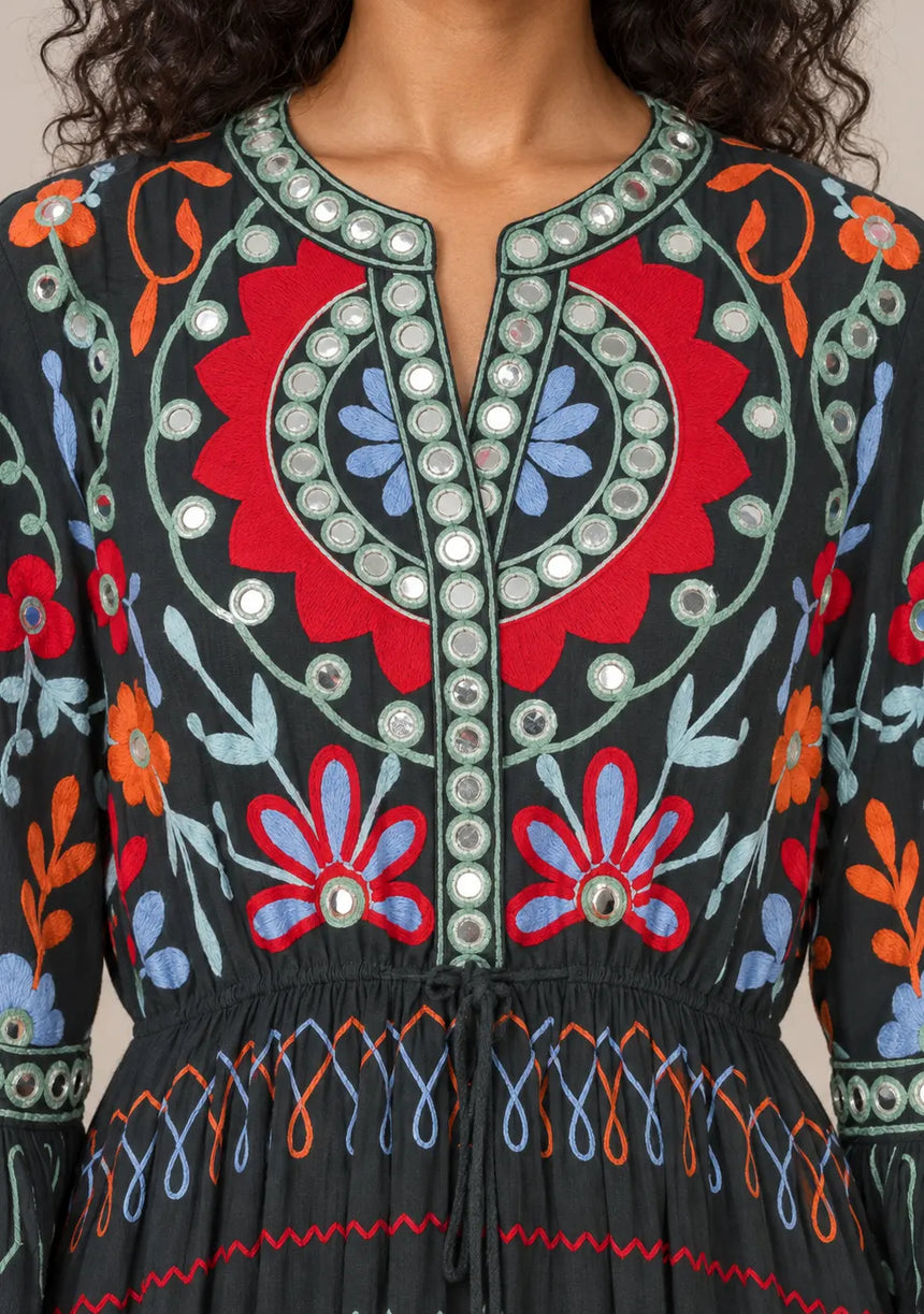 ibBan Embroidered Cotton Long Tunic with Tassel Tie - Hami