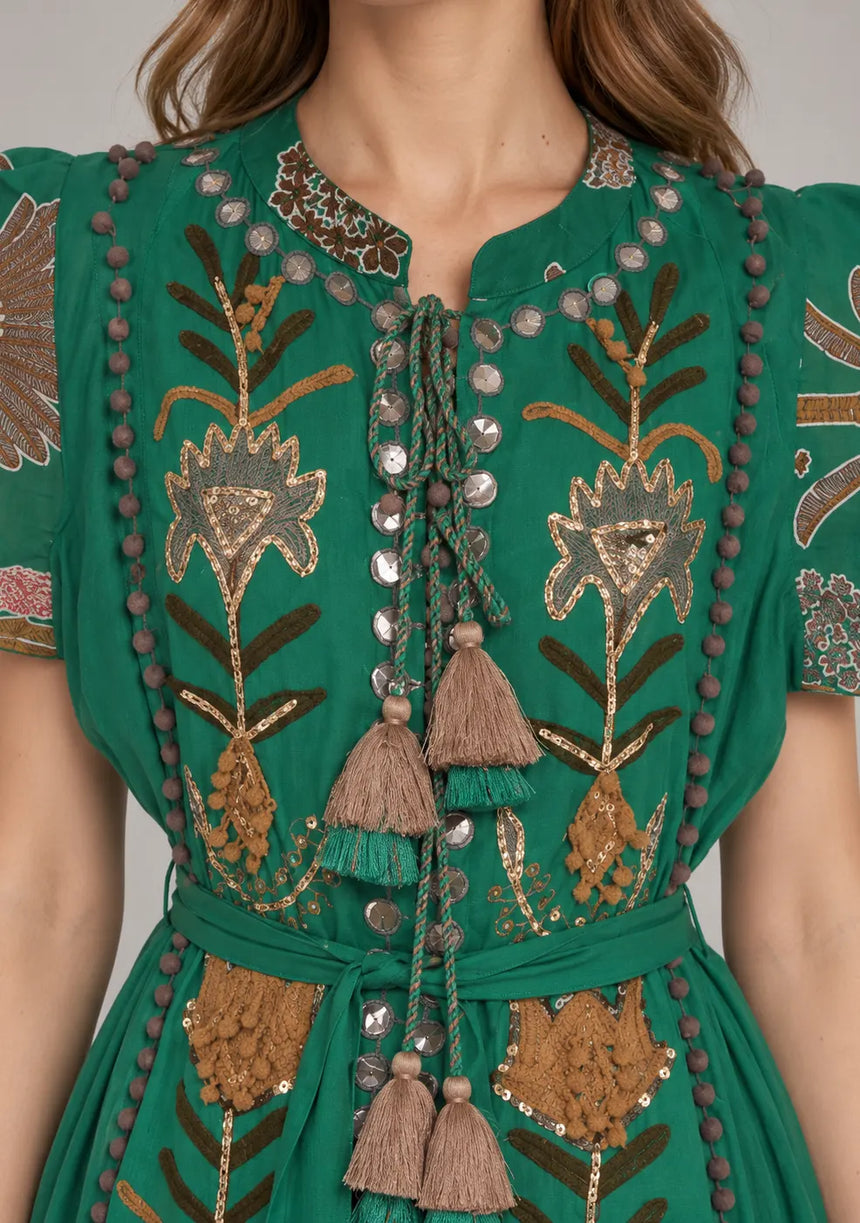 ibBan Hand-Embroidered Cotton Maxi Dress with Botanical Print -Ruzaan
