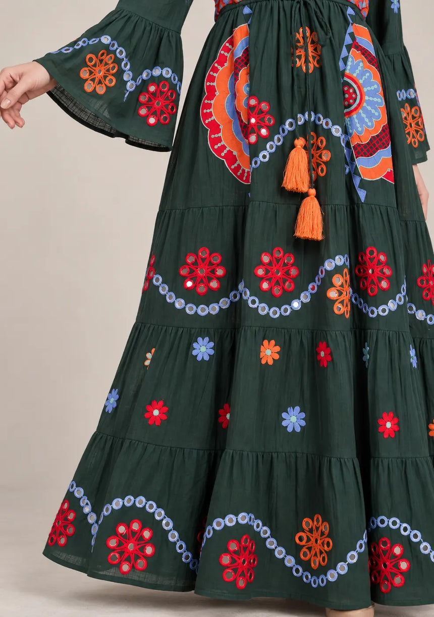 ibBan Embroidered Cotton Long Tunic Dress with Tassel Tie - Sara