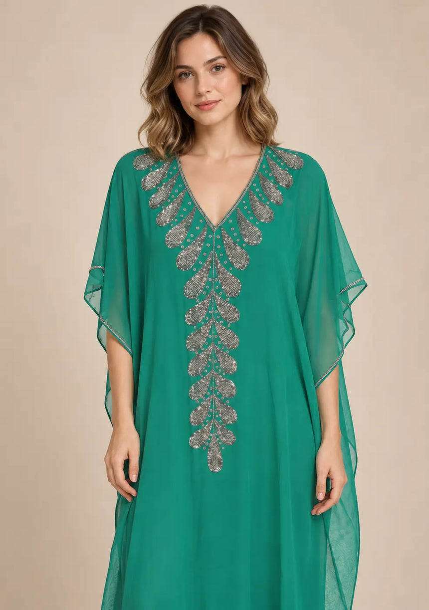 ibBan Women’s Hand Embroidered Georgette Kaftan Dress -Tanzeen