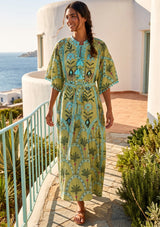 ibBan Hand-Embroidered Cotton Long Dress with Palm Print - Nashwa