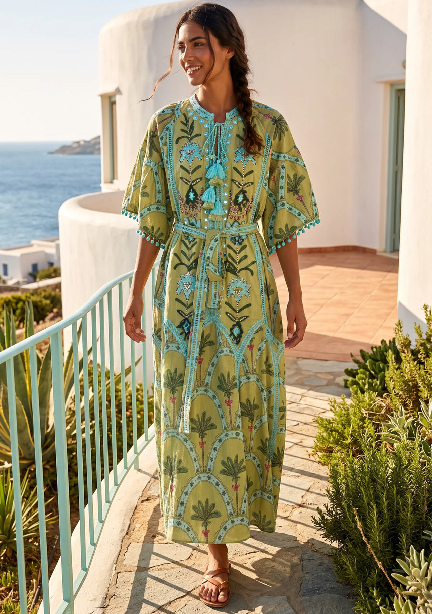 ibBan Hand-Embroidered Cotton Long Dress with Palm Print - Nashwa